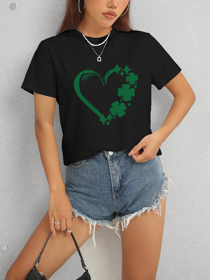 Heart Lucky Clover Round Neck Short Sleeve T-Shirt | Trendsi