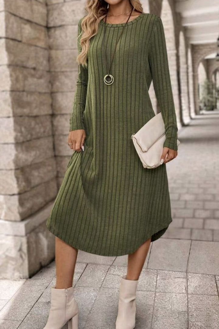 Ribbed Curved Hem Round Neck Long Sleeve Dress | Trendsi