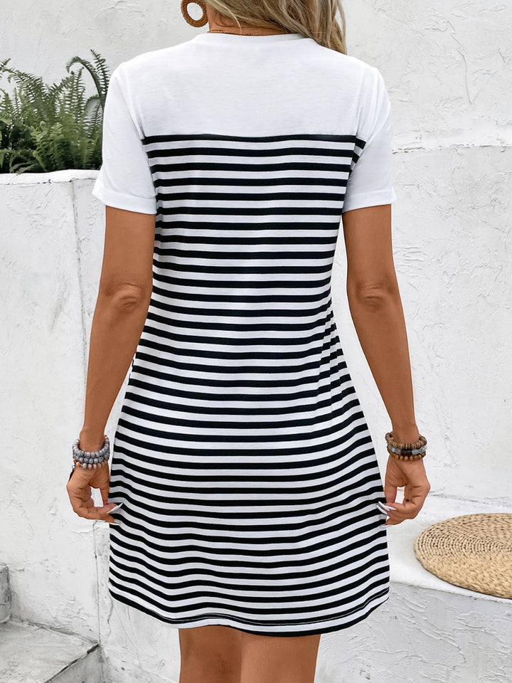 Striped Round Neck Short Sleeve Mini Tee Dress | Trendsi