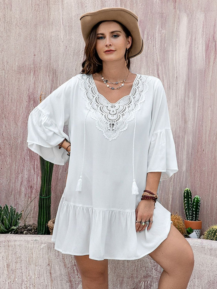 Plus Size Lace Detail Tie Neck Three-Quarter Sleeve Mini Dress | Trendsi