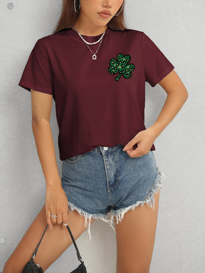 Lucky Clover Round Neck Short Sleeve T-Shirt | Trendsi