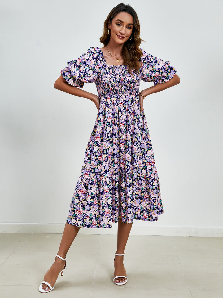 Smocked Floral Square Neck Short Sleeve Dress | Trendsi