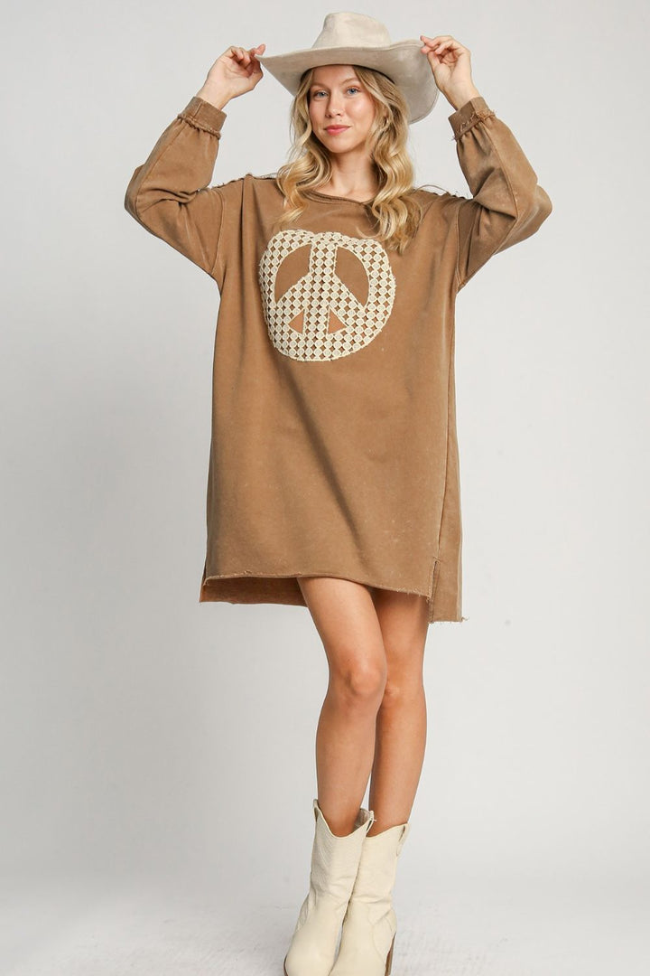 Umgee Peace Lace Applique Frayed Hem French Terry Mini Dress | Trendsi