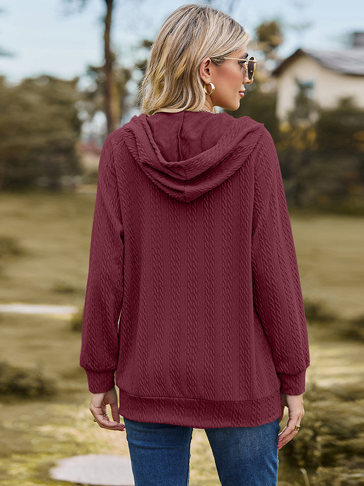 Cable-Knit Zip-Up Hooded Blouse | Trendsi