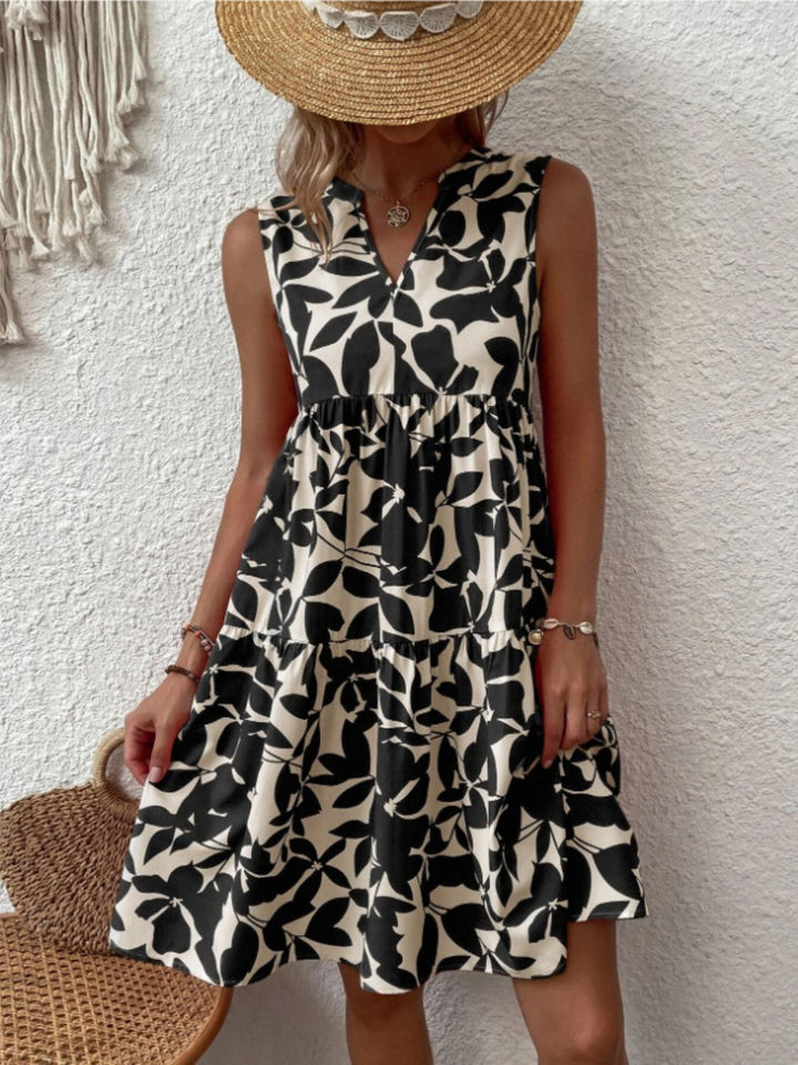 Printed Notched Sleeveless Mini Dress | Trendsi