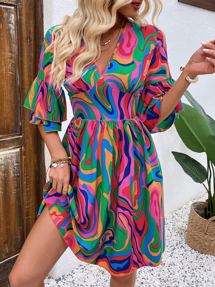 Ruffled Printed V-Neck Half Sleeve Mini Dress | Trendsi