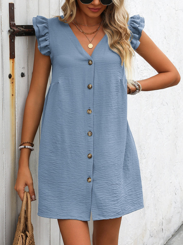 Button Up V-Neck Cap Sleeve Mini Dress | Trendsi