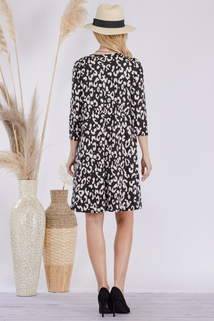 Celeste Full Size Leopard Three-Quarter Sleeve Dress with Pockets | Trendsi