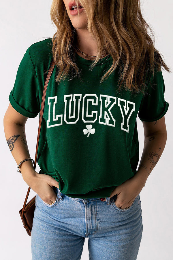 LUCKY Round Neck Short Sleeve T-Shirt | Trendsi