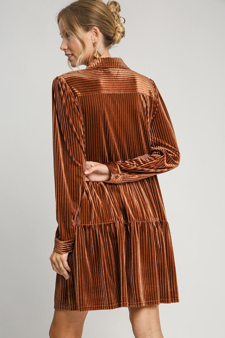 Umgee Texture Tiered Collared Long Sleeve Dress | Trendsi