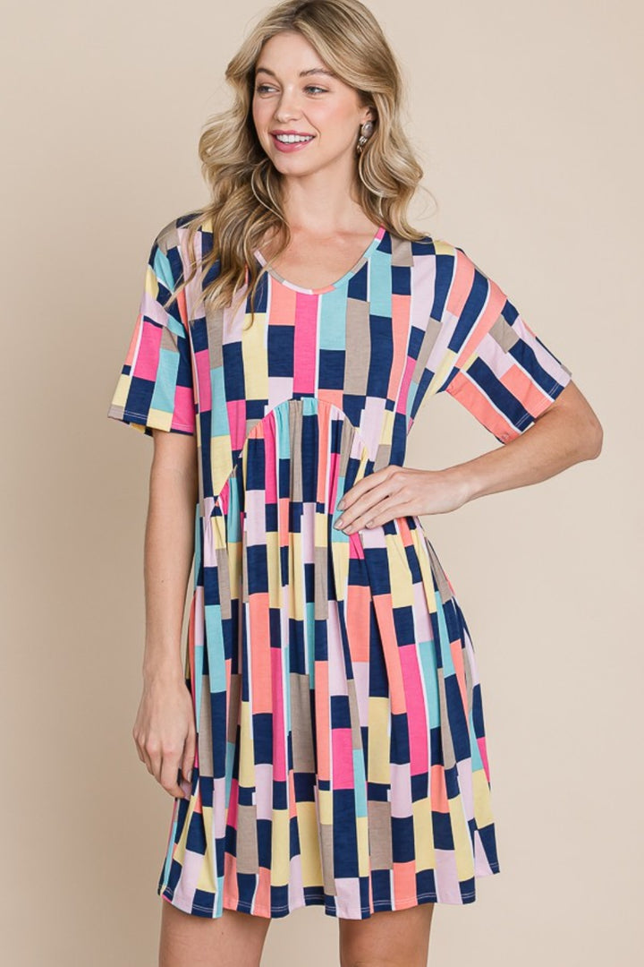 BOMBOM Ruched Color Block Short Sleeve Mini Dress | Trendsi