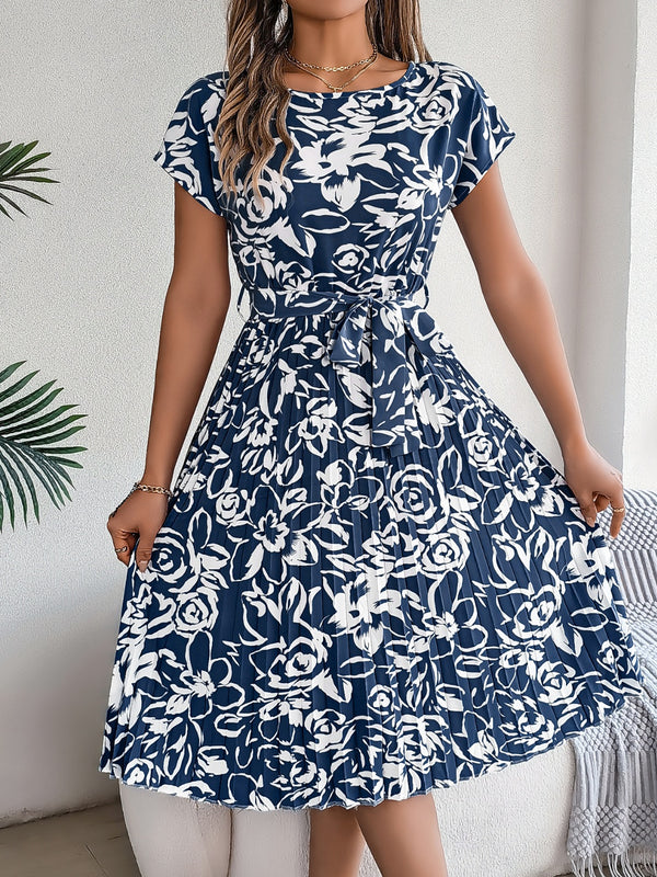 Tied Pleated Printed Short Sleeve Dress | Trendsi