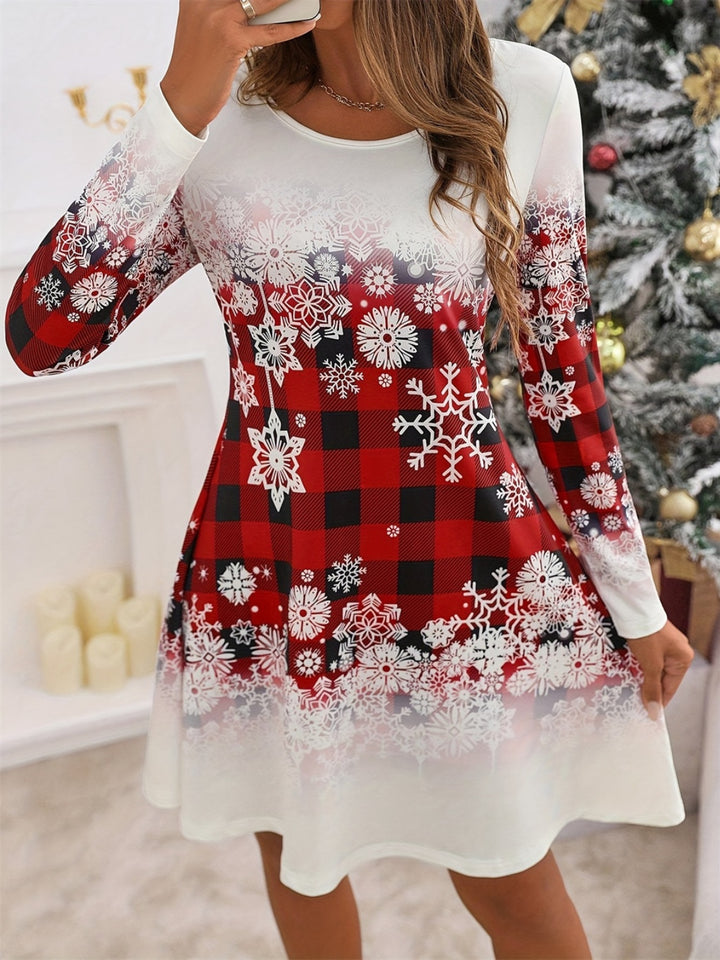 Snowflakes Plaid Round Neck Long Sleeve Dress | Trendsi