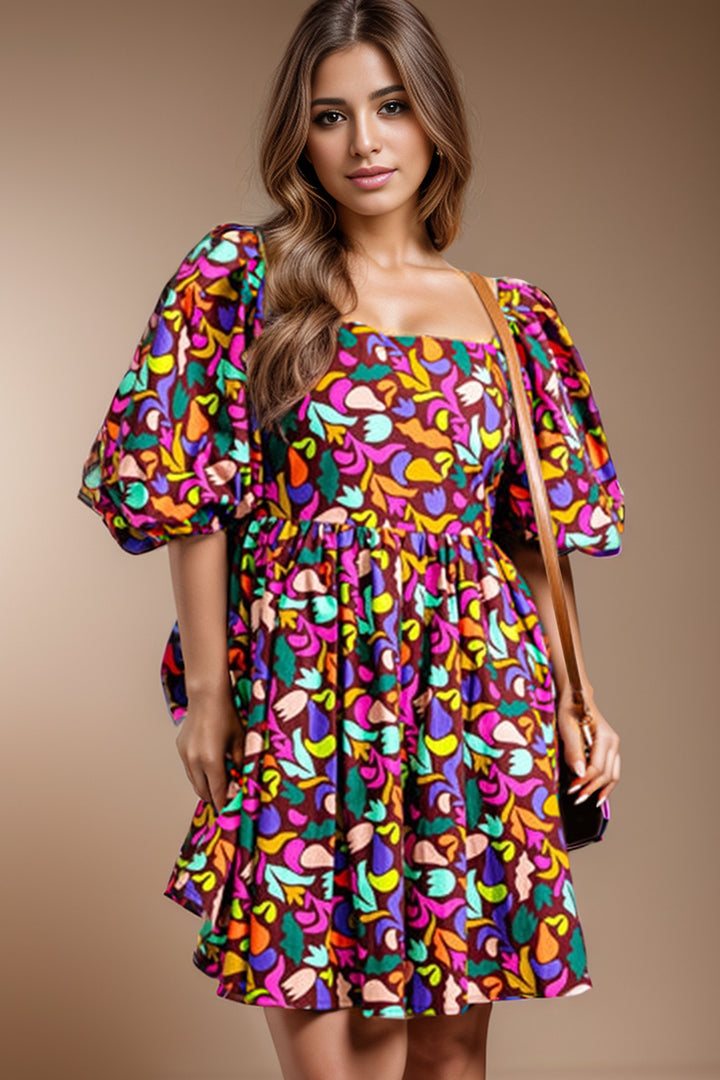 Plus Size Printed Square Neck Half Sleeve Dress | Trendsi