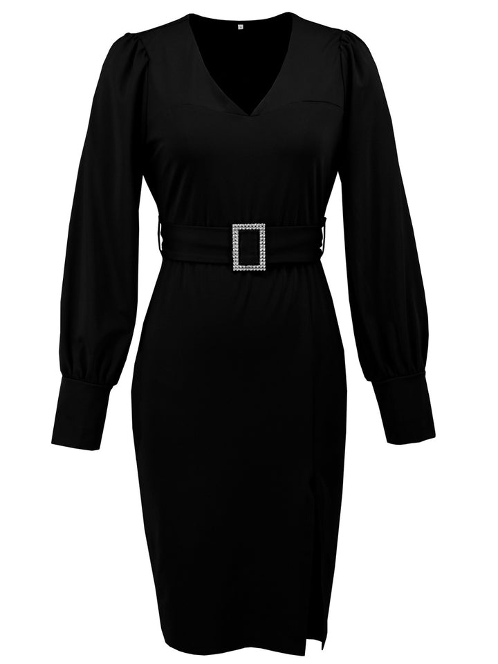 Slit V-Neck Long Sleeve Knee Length Dress | Trendsi