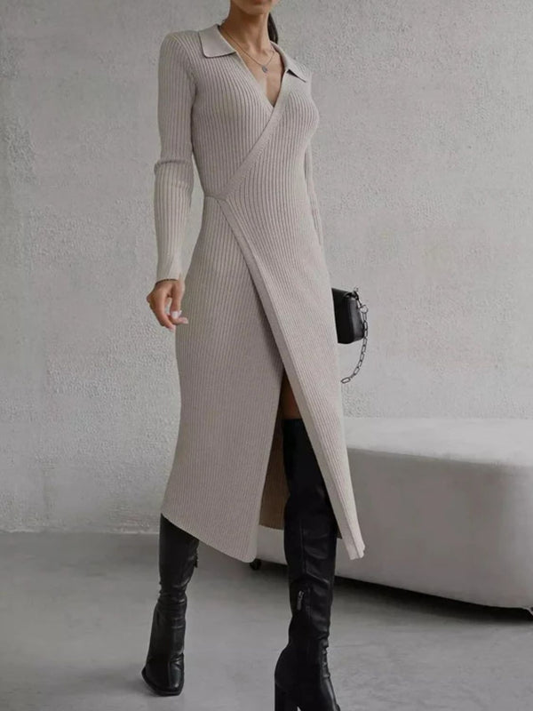 Tied Collared Neck Long Sleeve Sweater Dress | Trendsi