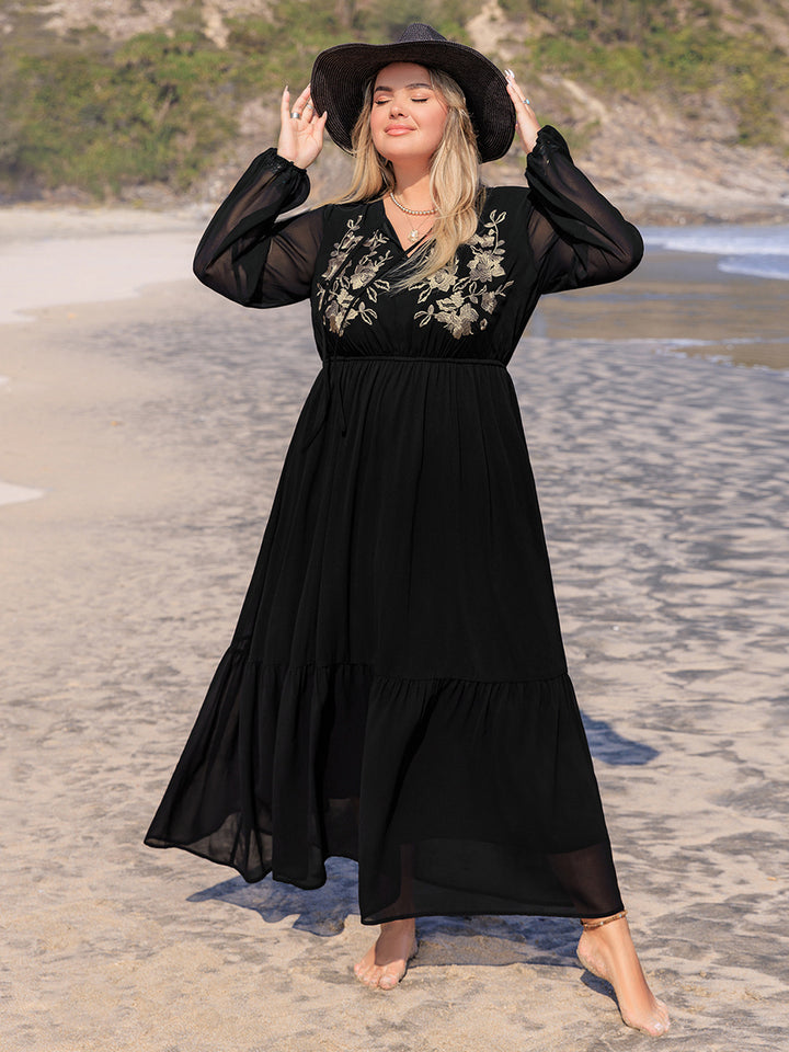 Plus Size Embroidered Tie Neck Long Sleeve Dress | Trendsi