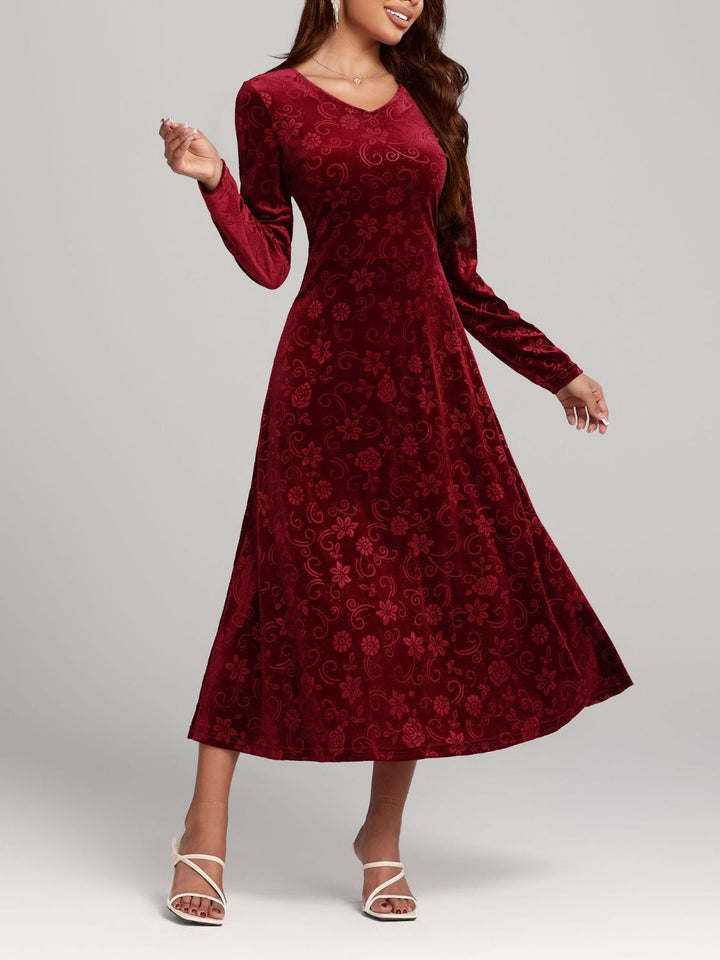 Flower Print V-Neck Long Sleeve Midi Dress | Trendsi