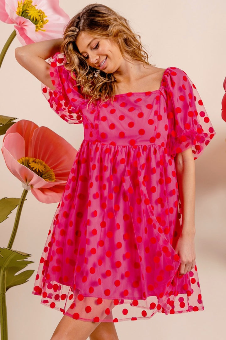 BiBi Polka Dot Mesh Puff Sleeve Dress | Trendsi