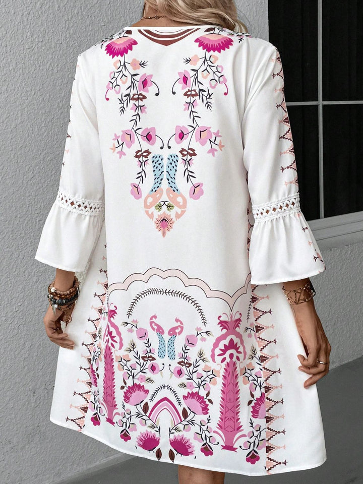 Lace Detail Printed Three-Quarter Sleeve Dress | Trendsi