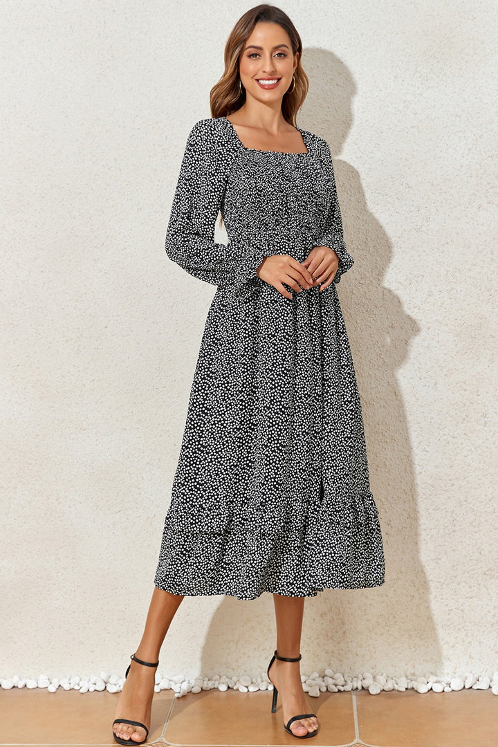 Printed Square Neck Long Sleeve Midi Dress | Trendsi