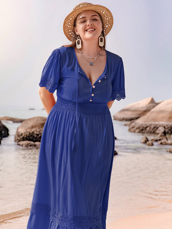 Plus Size Lace Detail Tie Neck Short Sleeve Maxi Dress | Trendsi