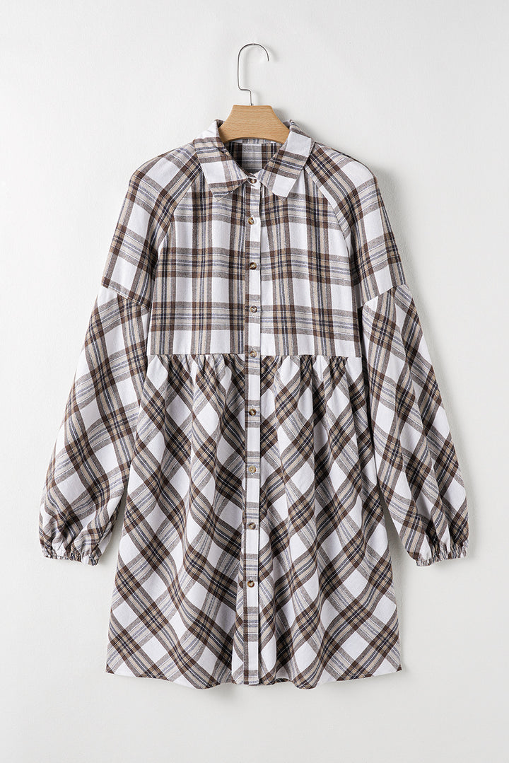 Full Size Plaid Collared Neck Balloon Sleeve Mini Shirt Dress | Trendsi