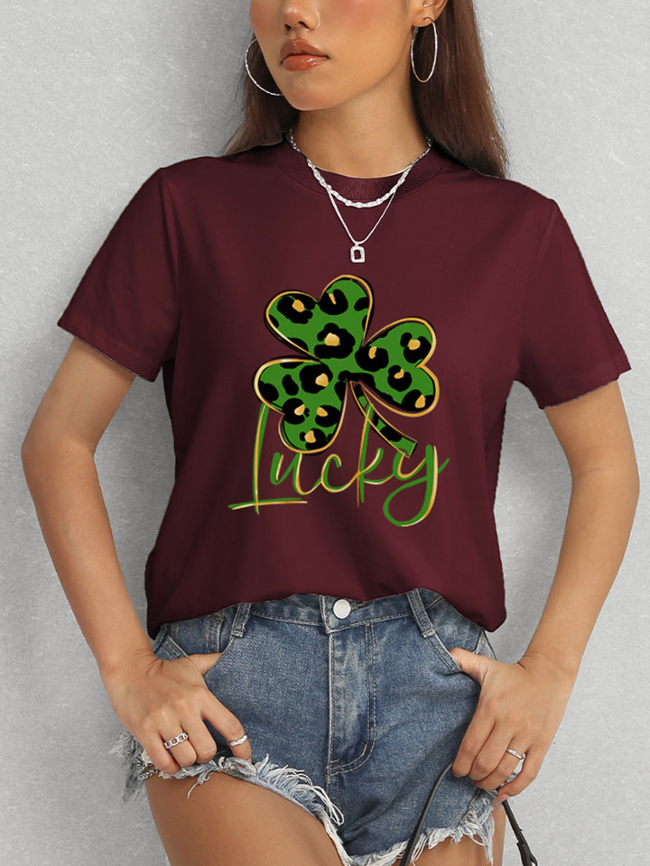 Lucky Clover Round Neck Short Sleeve T-Shirt | Trendsi