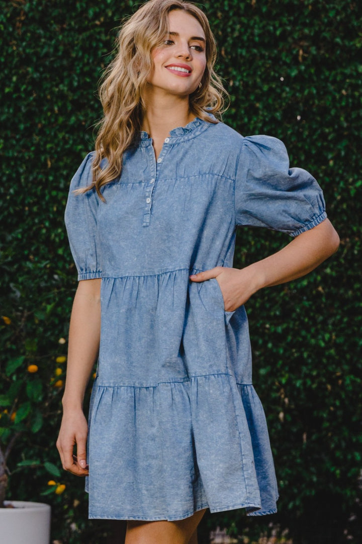 ODDI Washed Tiered Mini Denim Dress | Trendsi