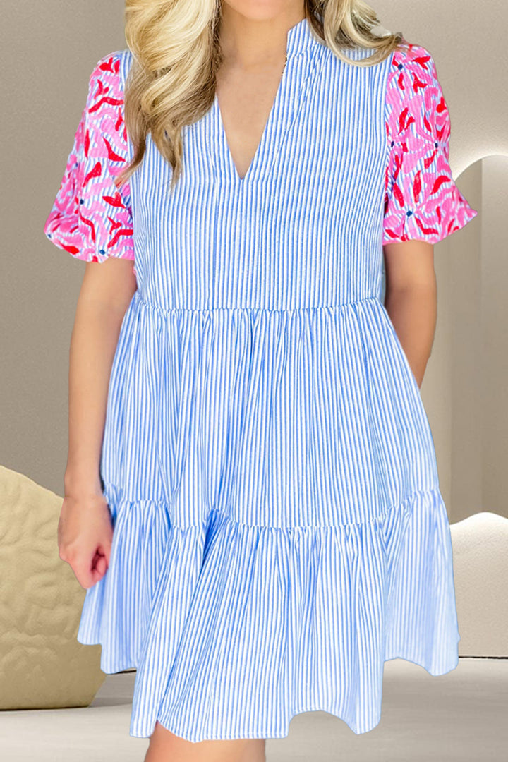 Embroidered Striped Notched Short Sleeve Dress | Trendsi