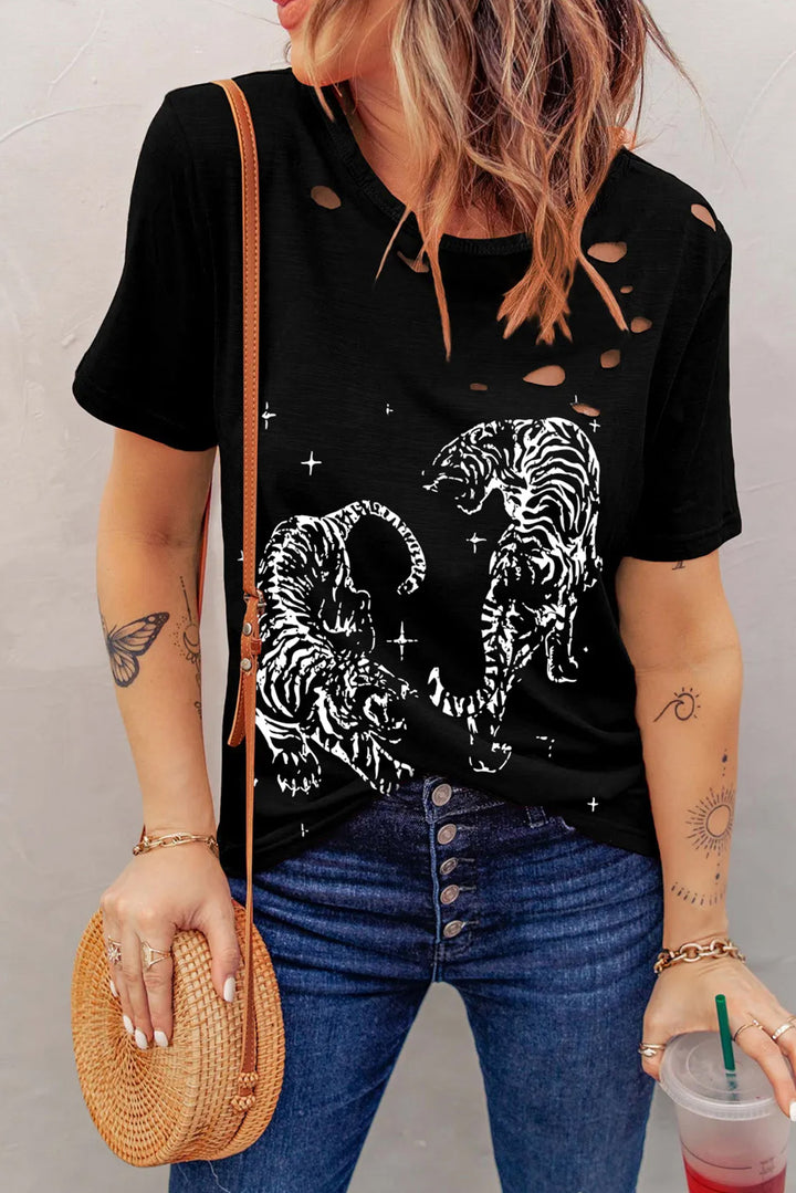 Cutout Graphic Round Neck Short Sleeve T-Shirt | Trendsi