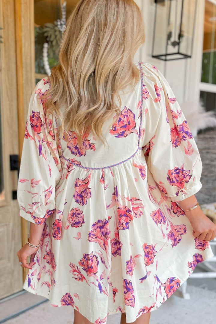 Tied Flower Printed Three-Quarter Sleeve Dress | Trendsi