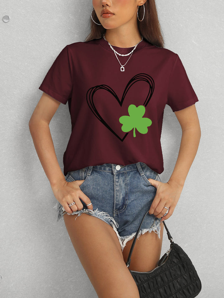 Heart Lucky Clover Short Sleeve T-Shirt | Trendsi