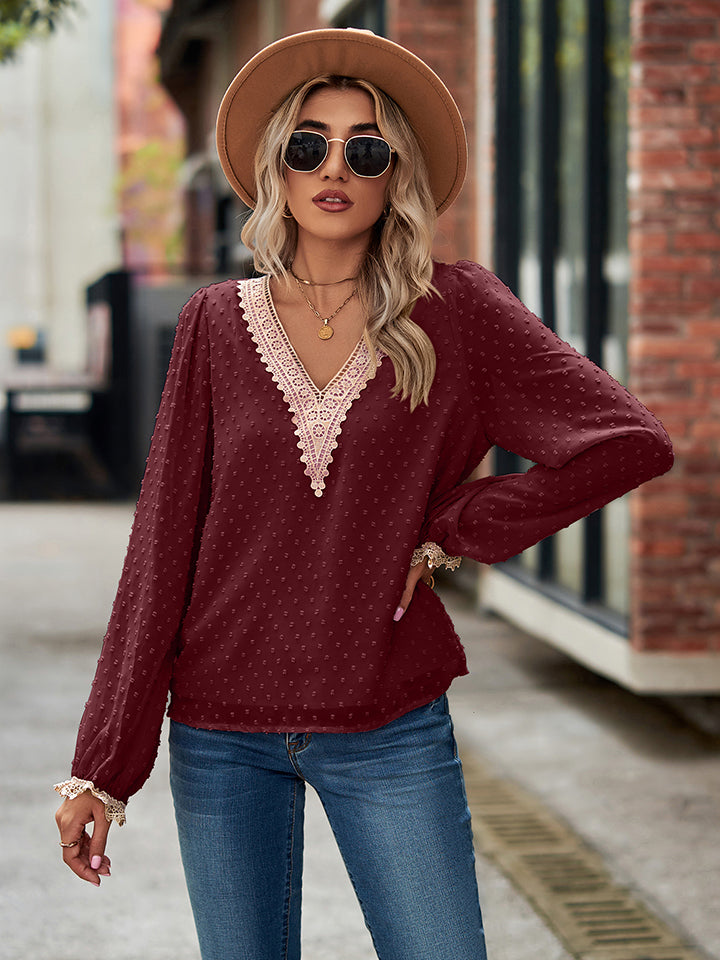 Swiss Dot V-Neck Long Sleeve Blouse | Trendsi