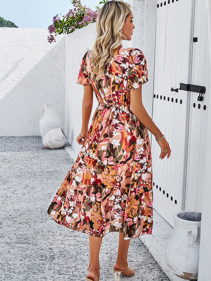 Printed V-Neck Flutter Sleeve Midi Dress | Trendsi