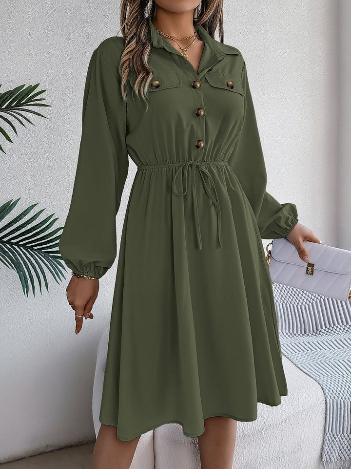 Collared Neck Long Sleeve Dress with Pockets | Trendsi