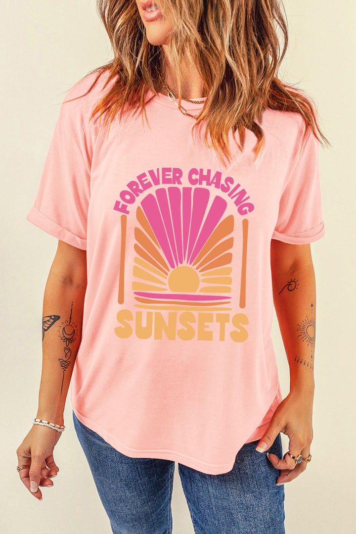 FOREVER CHASING SUNSETS Round Neck T-Shirt | Trendsi