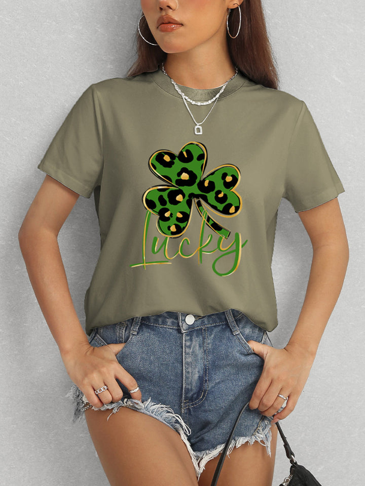 Lucky Clover Round Neck Short Sleeve T-Shirt | Trendsi