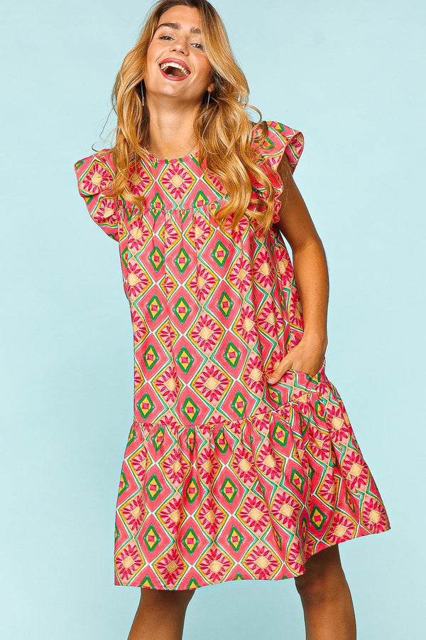 Haptics Full Size Ruffled Printed Dress with Side Pockets | Trendsi