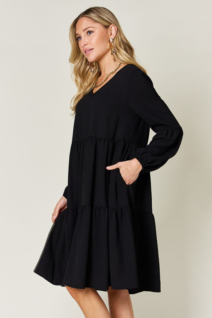 Double Take Full Size V-Neck Balloon Sleeve Tiered Dress | Trendsi