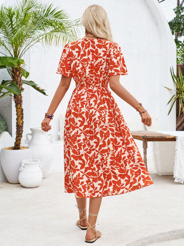 Printed Surplice Short Sleeve Midi Dress | Trendsi