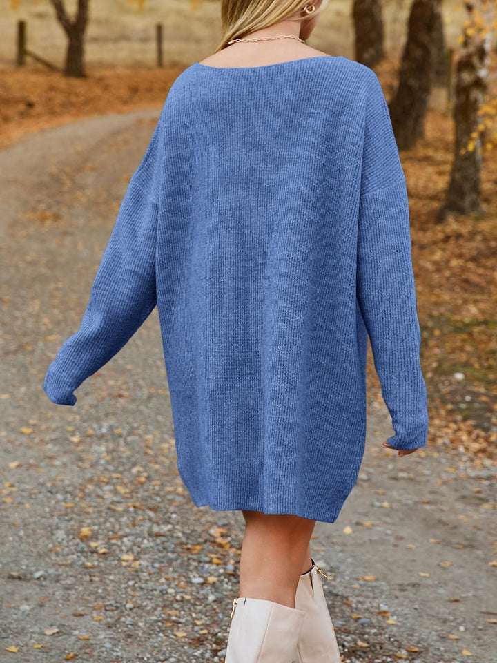 V-Neck Dropped Shoulder Sweater Dress | Trendsi