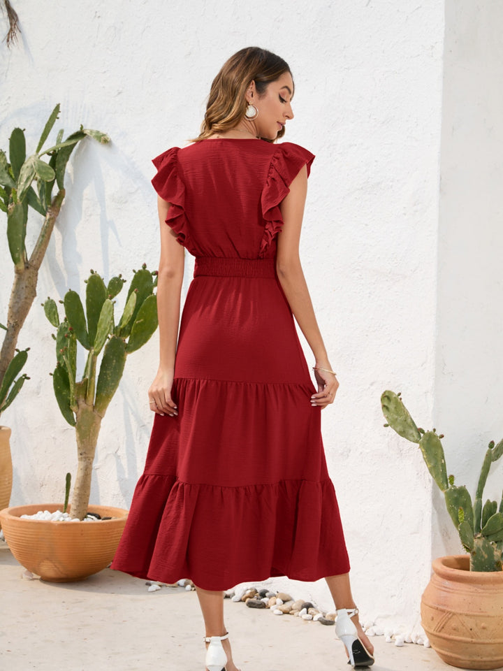 Tiered Ruffled V-Neck Cap Sleeve Dress | Trendsi