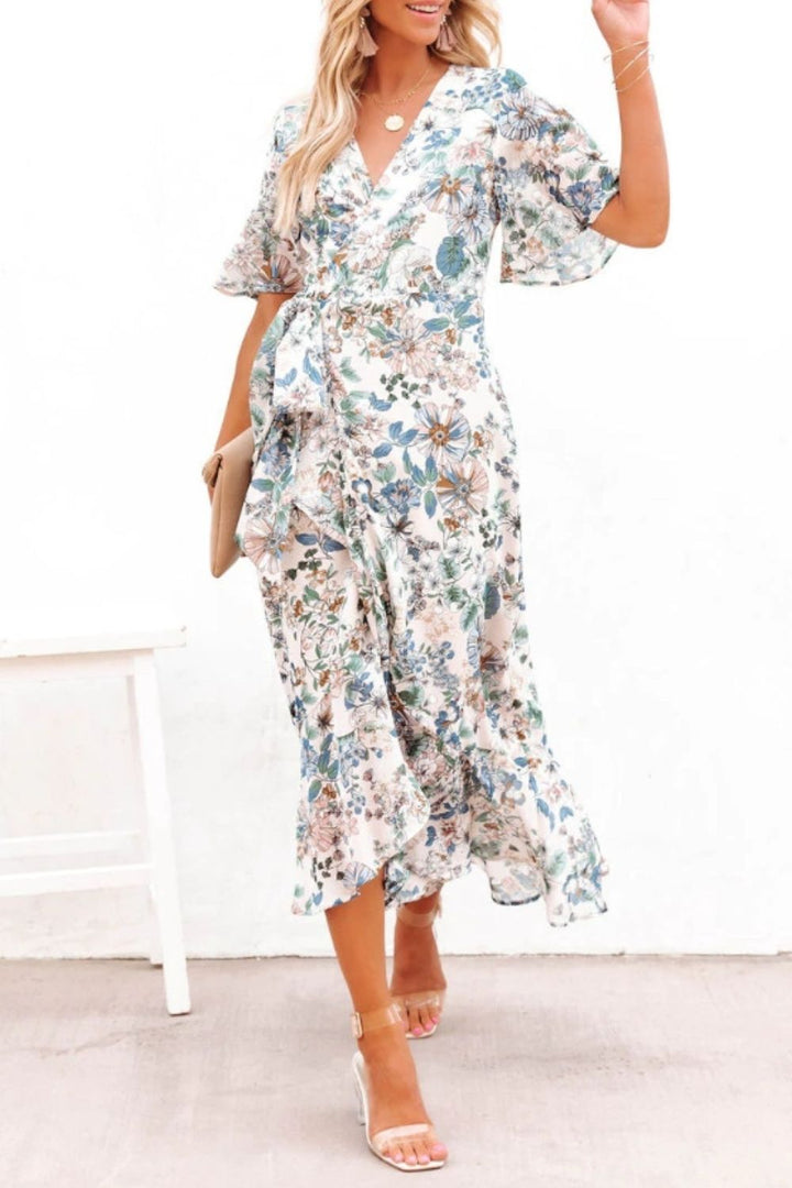 High-Low Printed Surplice Flutter Sleeve Midi Dress | Trendsi