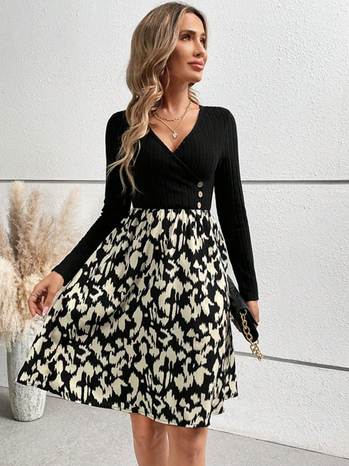 Printed Surplice Long Sleeve Dress | Trendsi