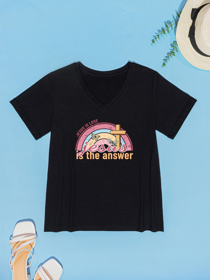 JESUS IS THE ANSWER V-Neck Short Sleeve T-Shirt | Trendsi