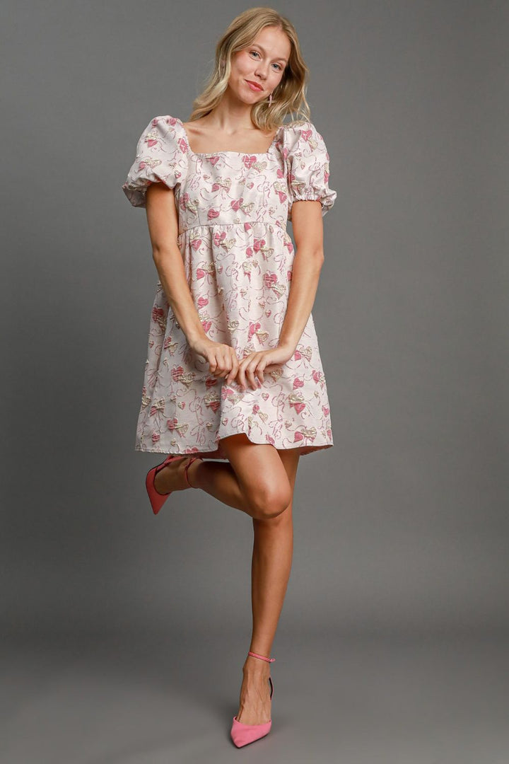 Umgee Heart Jacquard Square Neck Puff Sleeve Mini Dress | Trendsi