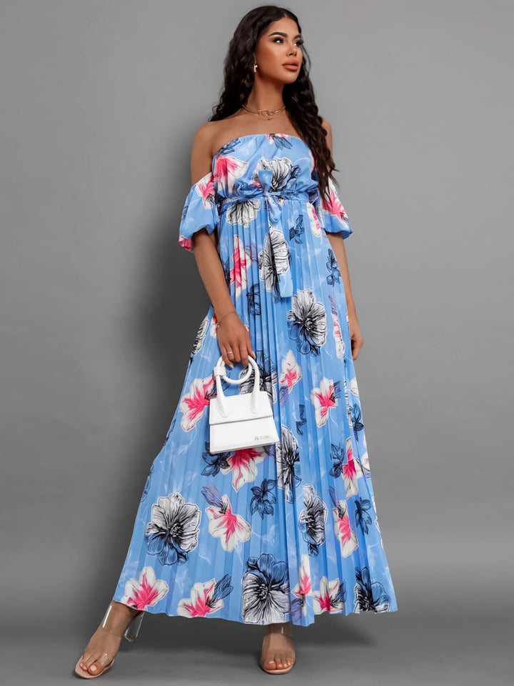 Pleated Floral Off-Shoulder Short Sleeve Midi Dress | Trendsi