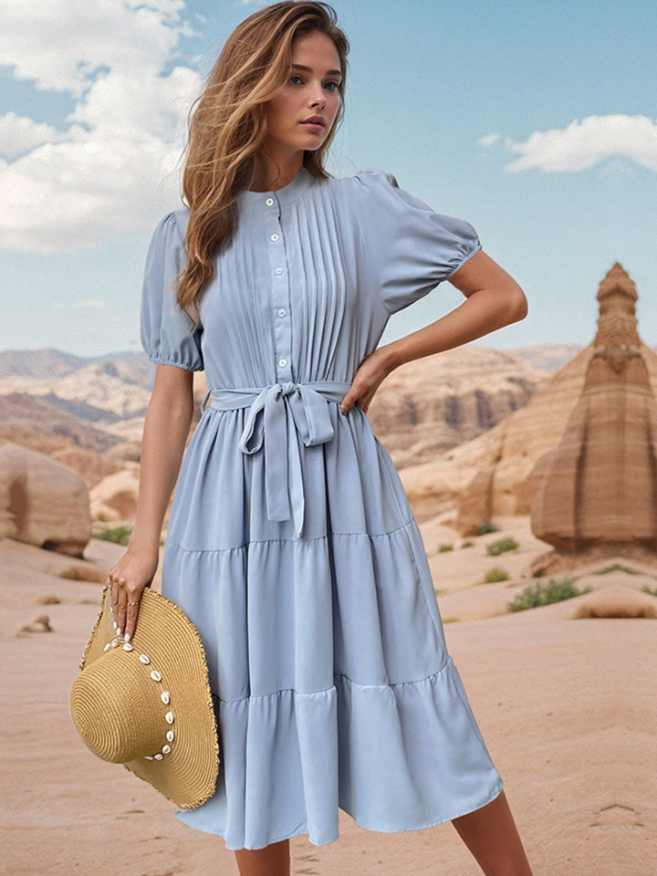 Tie Waist Puff Sleeve Midi Dress | Trendsi