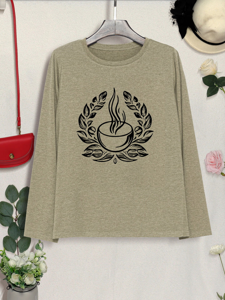 Coffee Graphic Round Neck Long Sleeve T-Shirt | Trendsi